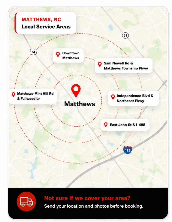 Map showing local junk removal service areas across Matthews, North Carolina